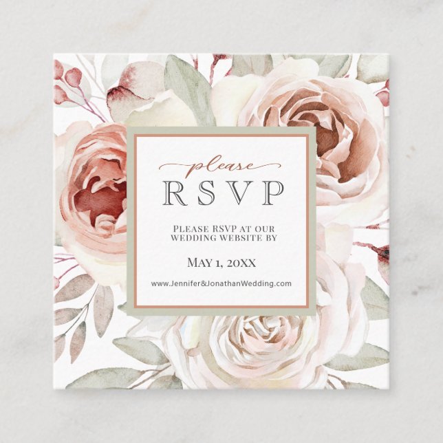 Romantic Pink Roses Wedding Website RSVP   Square Business Card (Front)