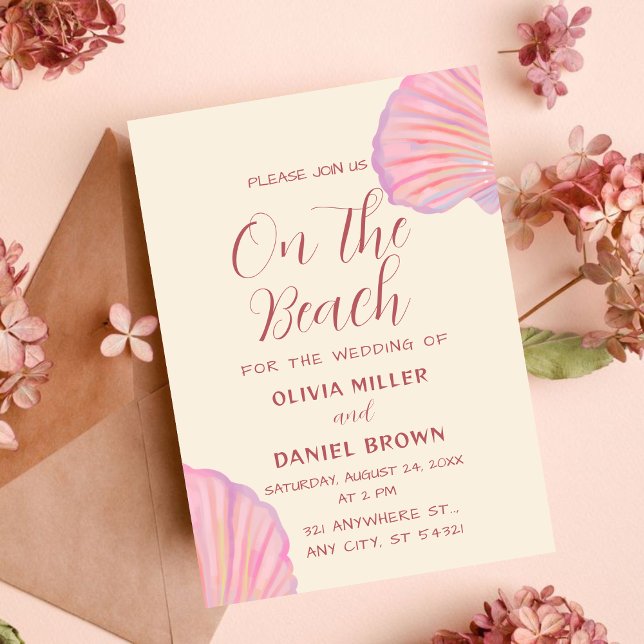 Romantic Pink Seashell Beach Wedding Invitation (Creator Uploaded)