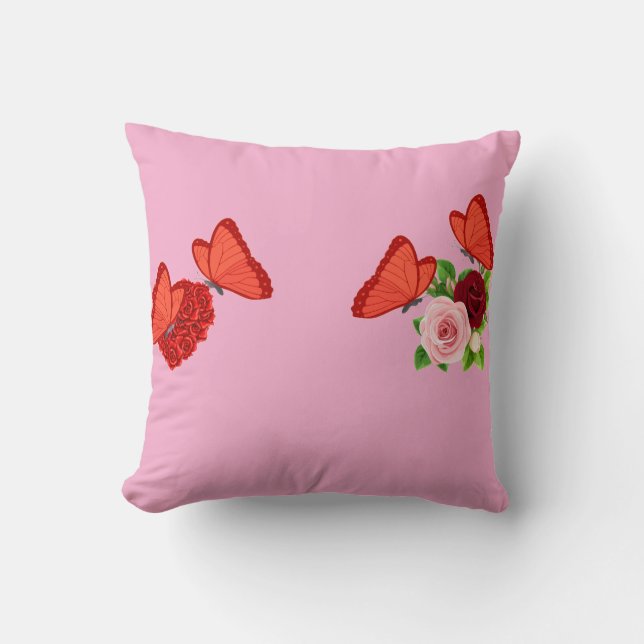 Romantic Pink Throw Pillow with Butterflies and Ro (Front)