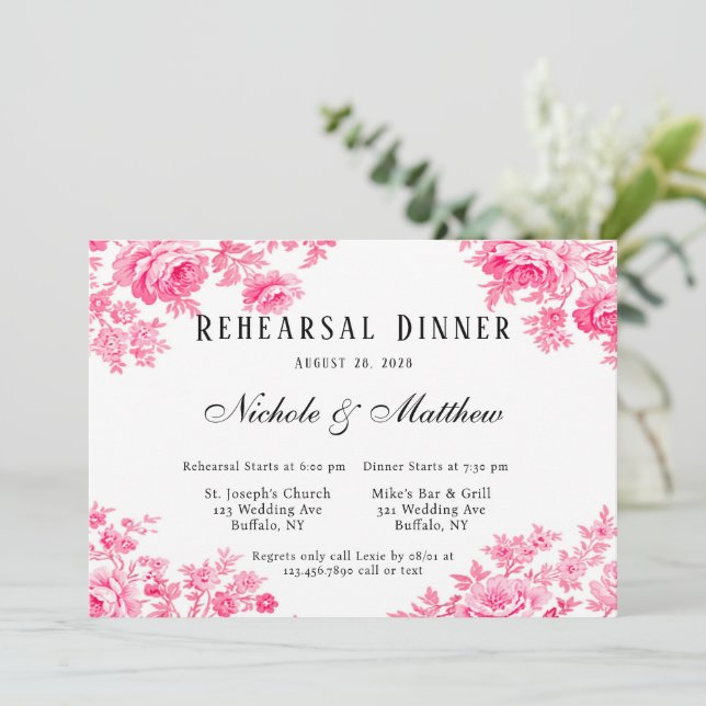 Romantic Pink Toile Flower Rehearsal Dinner Invitation (Standing Front)