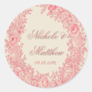 Romantic Pink Toile Flower Wedding Classic Round Sticker