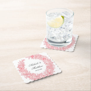 Romantic Pink Toile Flower Wedding Paper Coaster