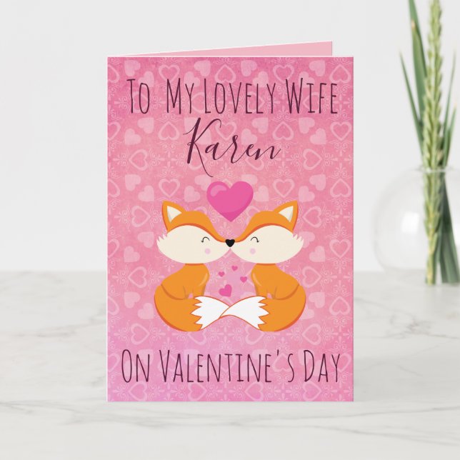 Romantic Pink Valentine Day Foxes for Her Holiday Card (Front)