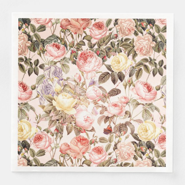 Romantic pink vintage rose flower pattern napkin (Front)
