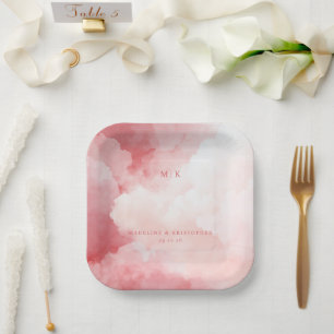 Romantic Pink Watercolor Clouds Paper Plate