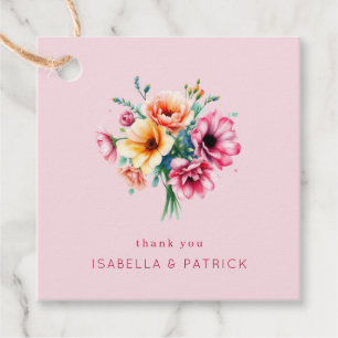 Romantic Pink Watercolor Floral Bouquet Favour Tags