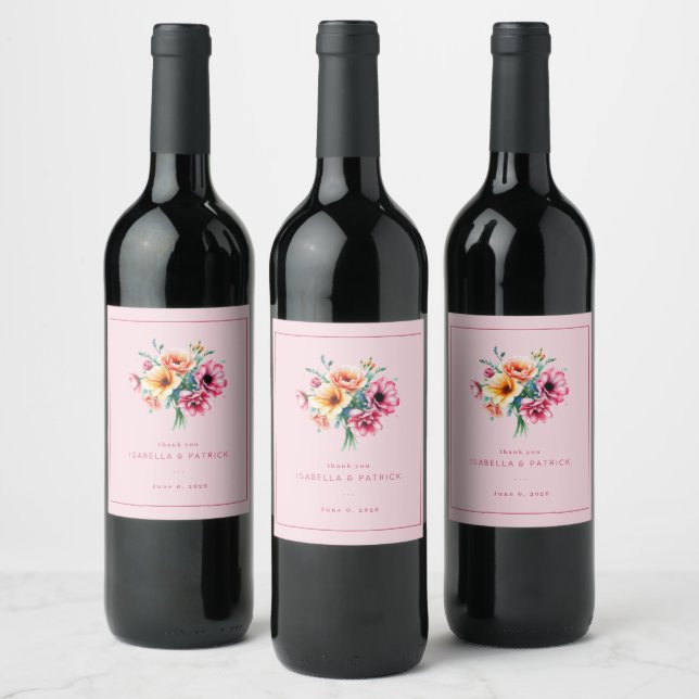Romantic Pink Watercolor Floral Bouquet Wine Label (Bottles)