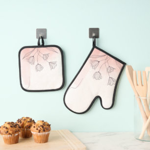 Romantic Pink Watercolor Floral Oven Mitt & Pot Holder Set