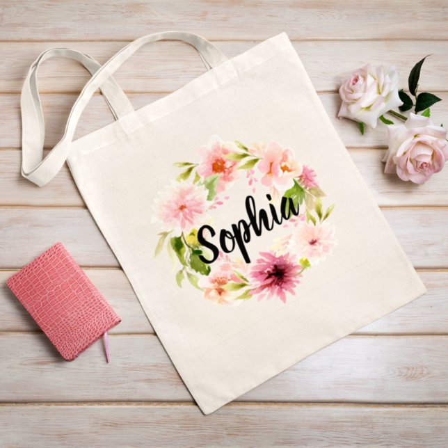 Romantic Pink Watercolor Floral Wreath Name Tote Bag (Creator Uploaded)