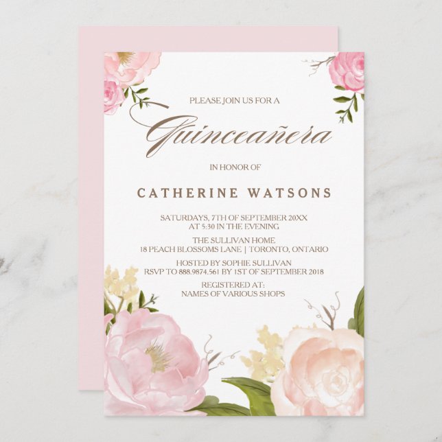 Romantic Pink Watercolor Flowers Quinceañera Invitation (Front/Back)