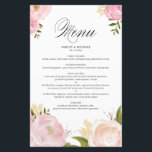 Romantic Pink Watercolor Flowers Wedding Menu Card<br><div class="desc">Add a feminine floral accent to your event's tablescape with this customisable menu card. It features watercolor illustrations of pink roses and peonies,  baby's breath and foliage. This pink floral menu card is perfect for weddings,  bridal showers,  baby showers and birthdays. Personalise by adding names,  date and menu details.</div>