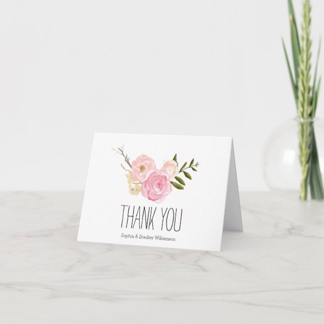 Romantic Pink Watercolor Garden Floral Thank you Card (Front)