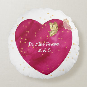 Romantic Pink Watercolor Heart & Gold Butterfly Round Cushion
