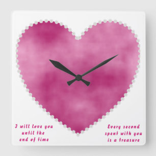Romantic Pink Watercolor Heart Pearl Border Quote  Square Wall Clock