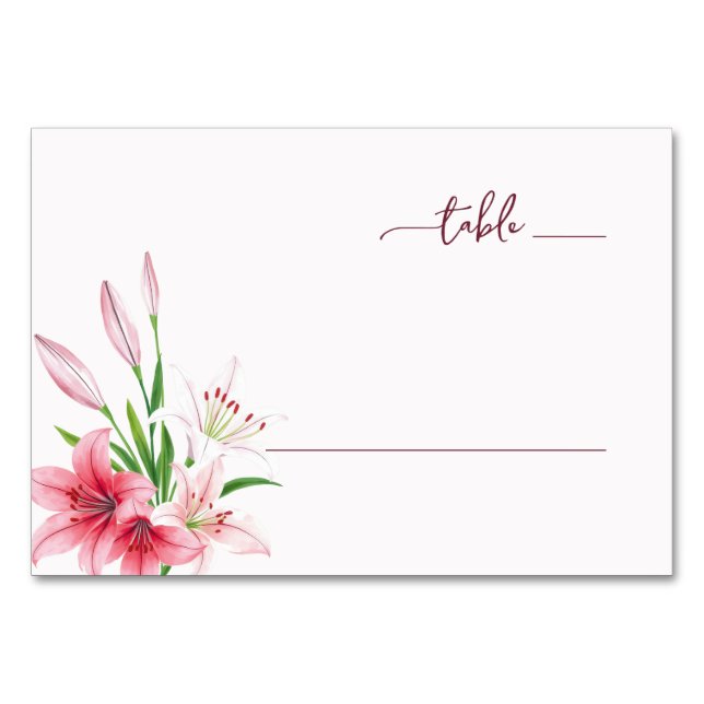 Romantic Pink Watercolor Lilies Table Number (Front)