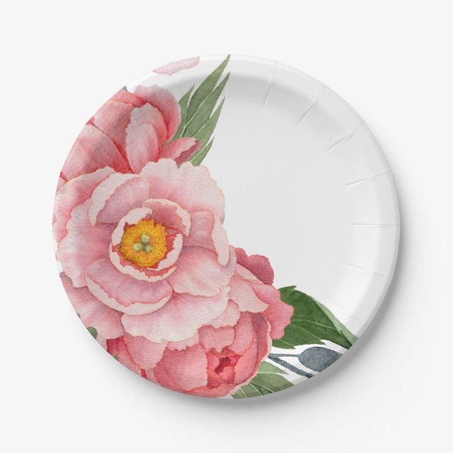 Romantic Pink Watercolor Peonies Floral Paper Plate (Front)