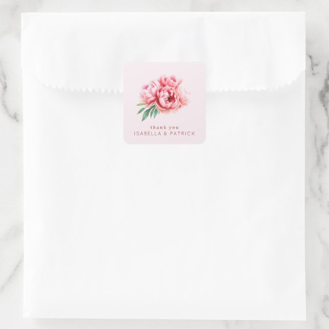 Romantic Pink Watercolor Peonies Square Sticker (Bag)