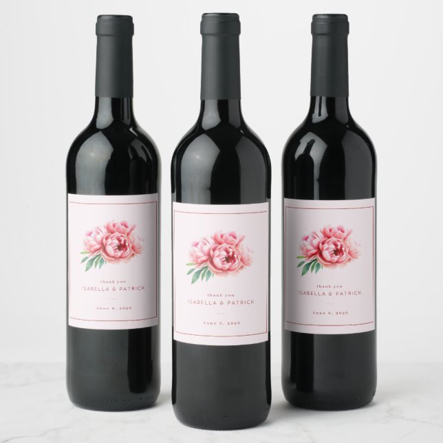 Romantic Pink Watercolor Peonies Wine Label (Bottles)