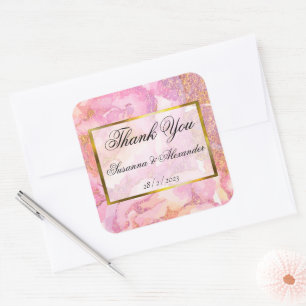 Romantic Pink Watercolor Roses Wedding Thank You Square Sticker