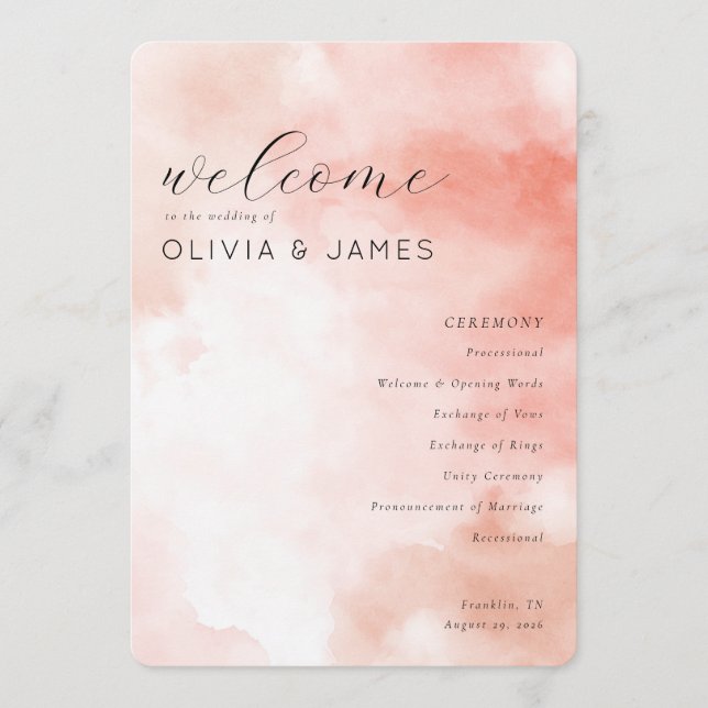 Romantic Pink Watercolor Wedding Schedule Programme (Front)