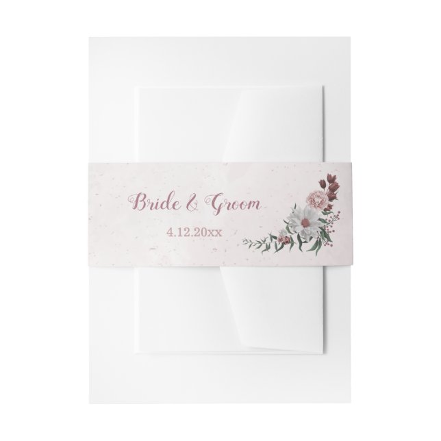 romantic pink, white and cinnamon rose wedding invitation belly band (Front Example)