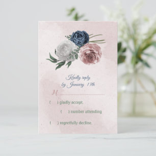 romantic pink, white and navy blue flowers RSVP card