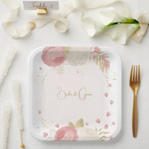 Romantic pink & white flowers gold paper plate