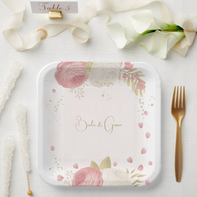 Romantic pink & white flowers gold paper plate (Wedding)
