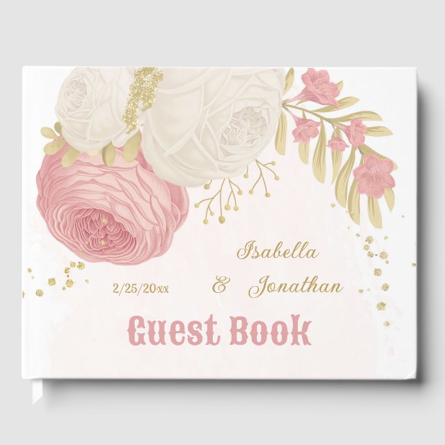 Romantic pink & white flowers gold wedding guest book (Front)