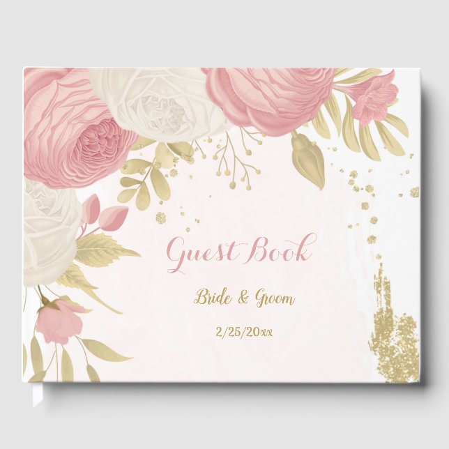 Romantic pink & white flowers gold wedding guest book (Front)