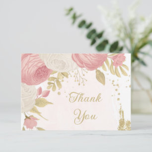Romantic pink & white flowers gold wedding  thank you card