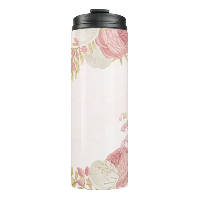 Romantic pink white & gold floral  thermal tumbler (Front)
