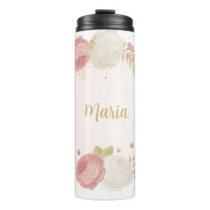 Romantic pink white & gold floral  thermal tumbler