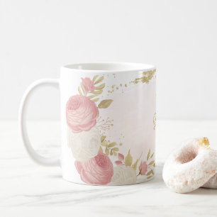 Romantic pink white & gold floral wedding coffee mug