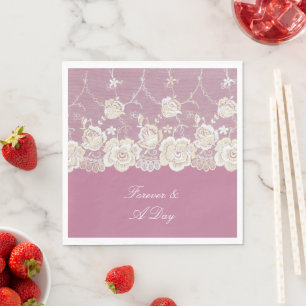 Romantic Pink White Lace Floral Wedding Napkin