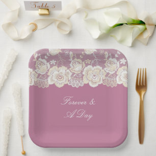 Romantic Pink White Lace Floral Wedding Paper Plate
