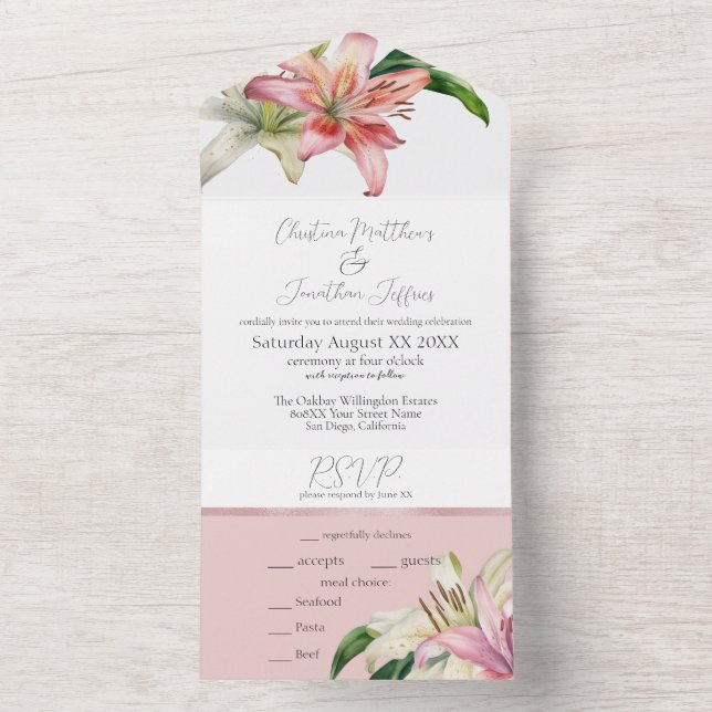 Romantic Pink & White Lilies on Blush All In One Invitation (Inside)