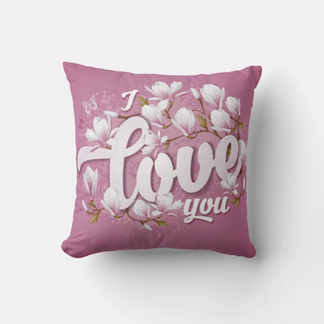 Romantic Pink & White Magnolia Floral Cushion (Front)