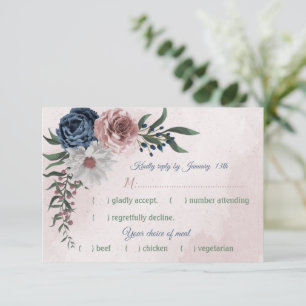 romantic pink, white navy blue flowers meal choice RSVP card