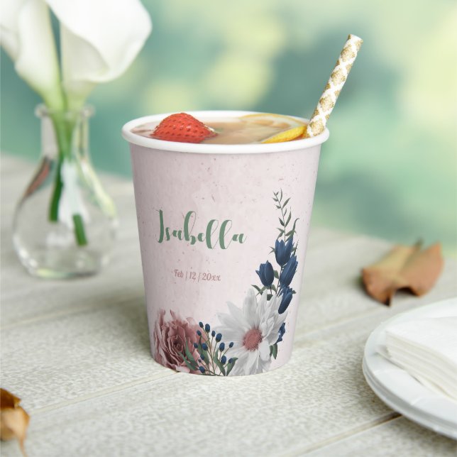 Romantic pink white navy flowers greenery  paper cups (Insitu)