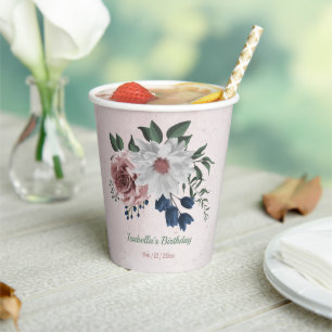 Romantic pink white navy flowers greenery paper cups