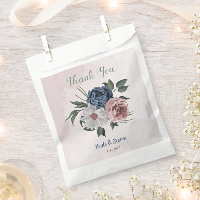 Romantic pink white navy flowers greenery wedding favour bags (Clipped)