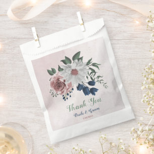 Romantic pink white navy flowers greenery wedding favour bags