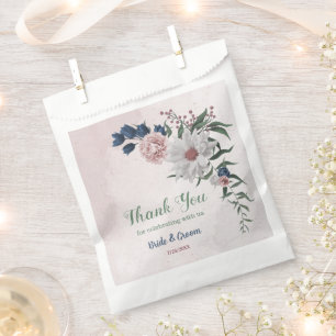 Romantic pink white navy flowers greenery wedding favour bags