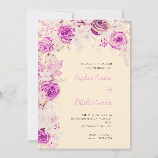 Romantic Pink & White Roses Light Orange Wedding Invitation (Front)