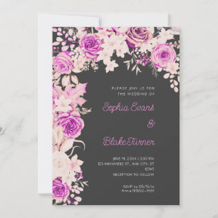 Romantic Pink & White Roses Shadow Grey Wedding Invitation