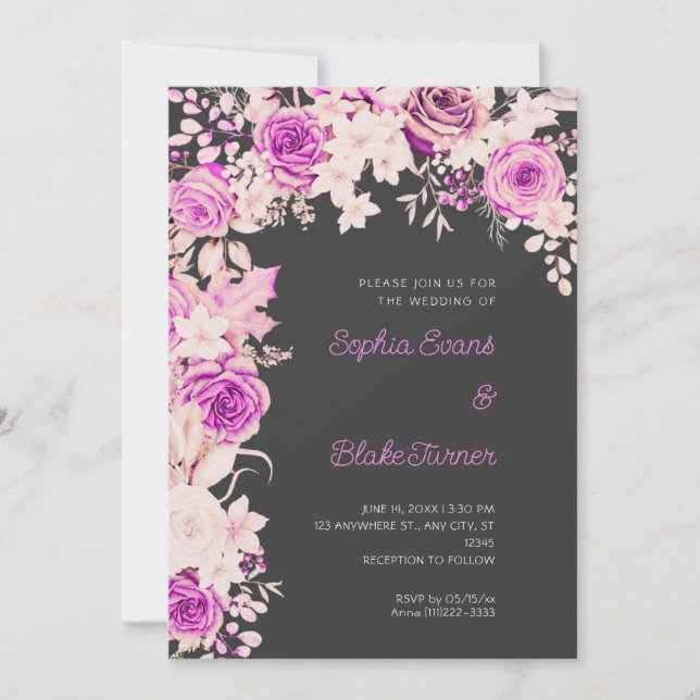 Romantic Pink & White Roses Shadow Grey Wedding Invitation (Front)