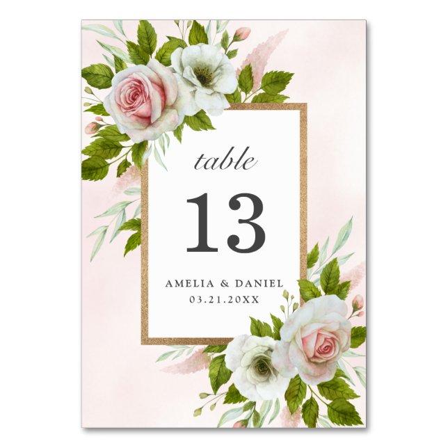 Romantic Pink White Watercolor Roses Wedding  Table Number (Front)