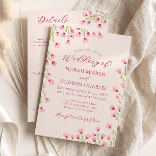 Romantic Pink Wildflowers 2-in-1 Wedding & Details Invitation