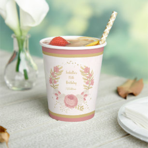 Romantic pink wite flowers gold botanical wreath paper cups